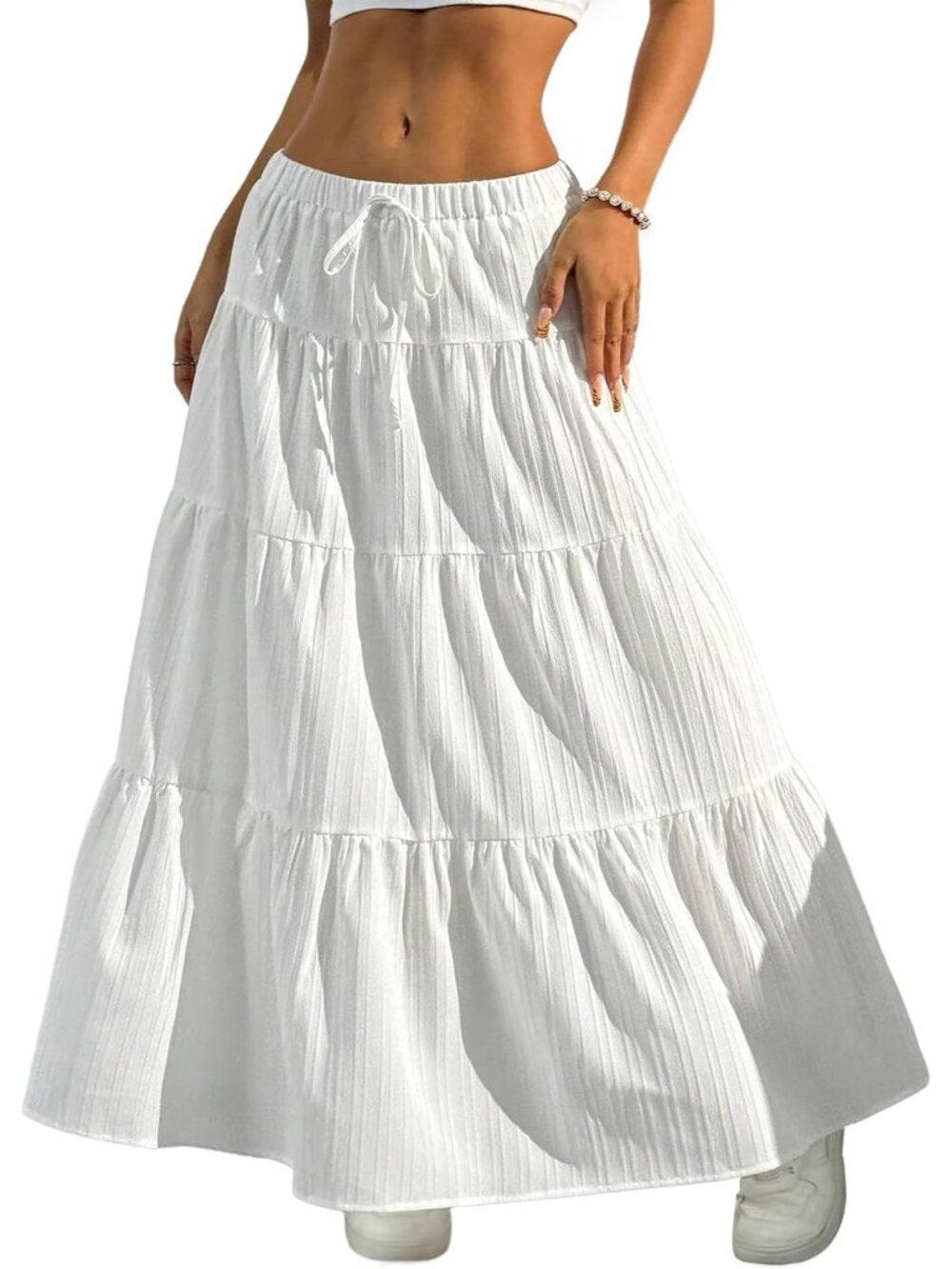 Women's Boho Flowy White Maxi Skirt Flared Ruffle A Line Spring Long Skirts